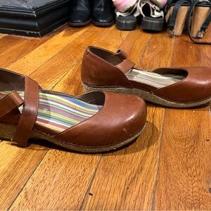 Dansko Brown Leather Mary Jane Clogs with Striped Insole